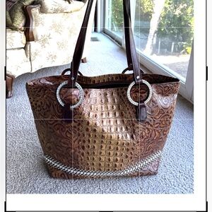 Raviani NWOT Brown Crocodile Textured Crystal Adorned Tote Bag